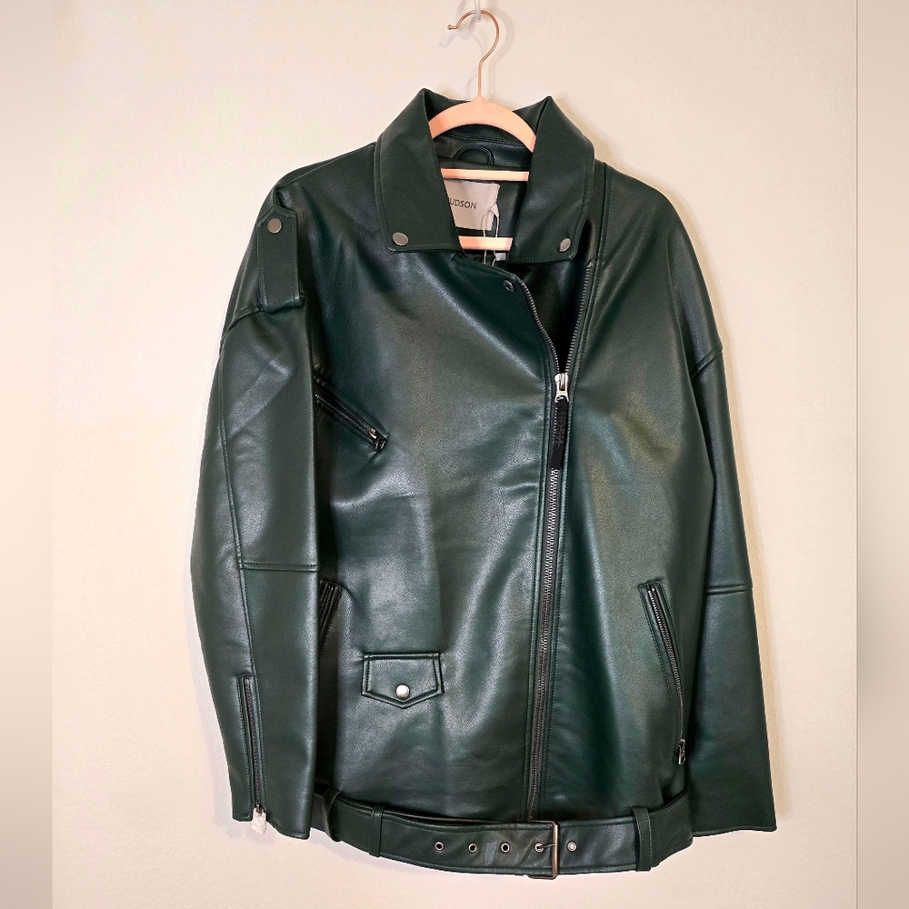 NWT HUDSON Faux Leather Dark Green Moto Jacket Size L